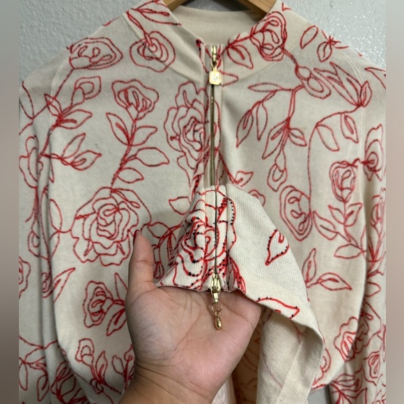 St. John Sport by Marie Gray Red Floral Zip Up Sweater - Picture 2 of 9